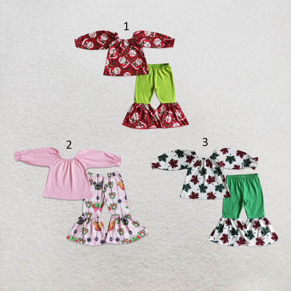 RTS NO MOQ Sibling milk silk Baby Girls Christmas Santa Print Long Sleeve Top Long Pants Set