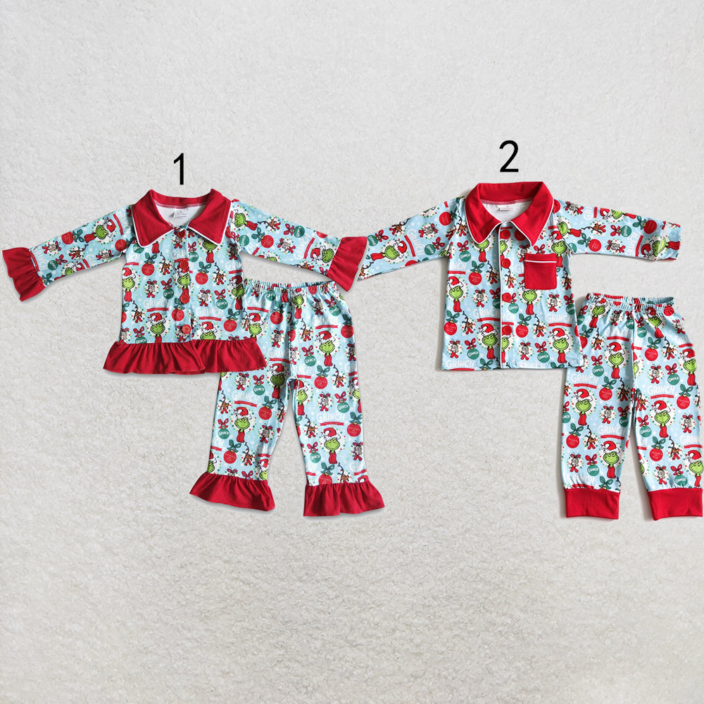 RTS NO MOQ Sibling milk silk Boys And Girls Christmas Button Down Collared Pajama Set Red Ruffle Trim Sleepwear