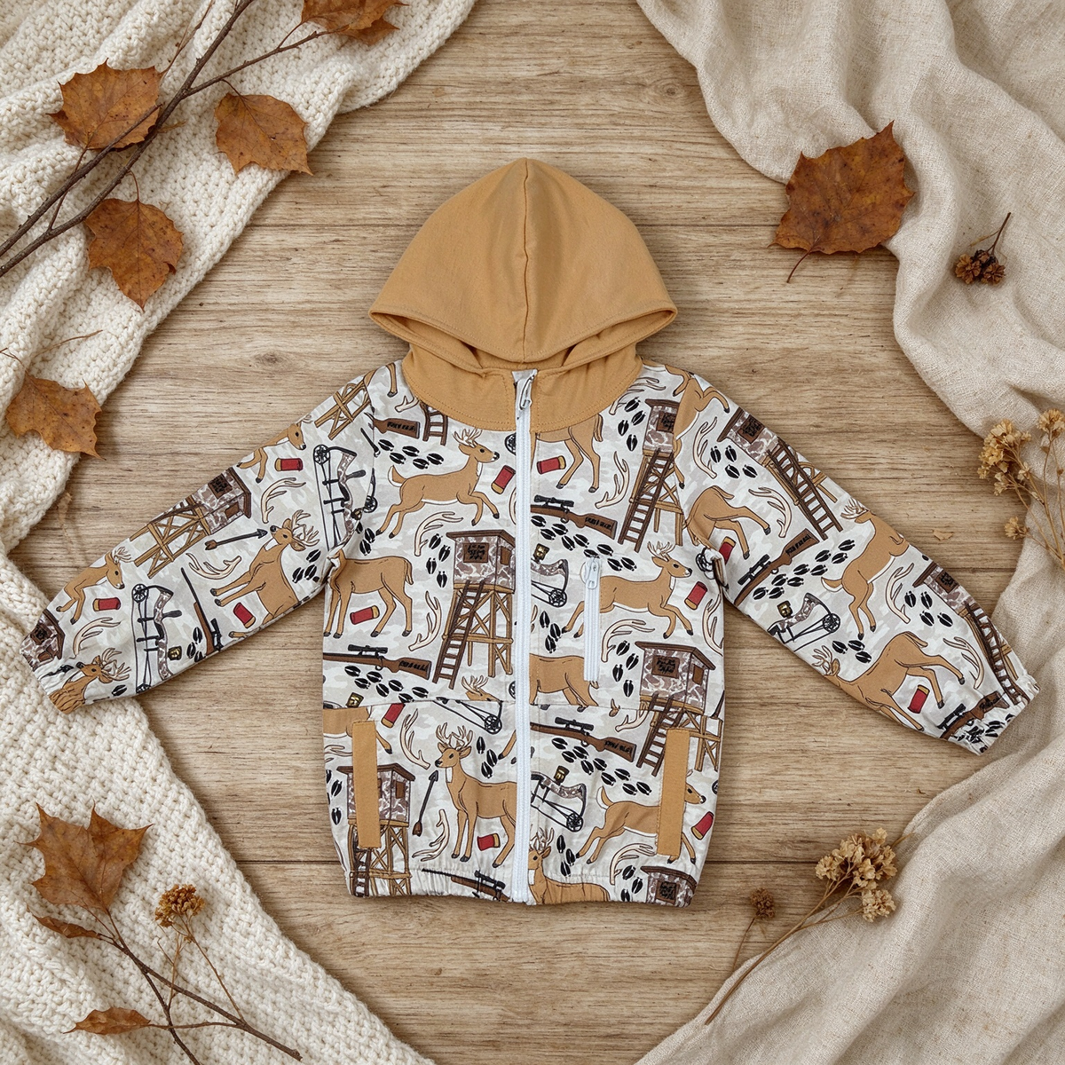 NEW RTS NO MOQ milk silk BT1567 Baby Boys Khaki Deer Zipper Pockets Hoodie Jacket Top