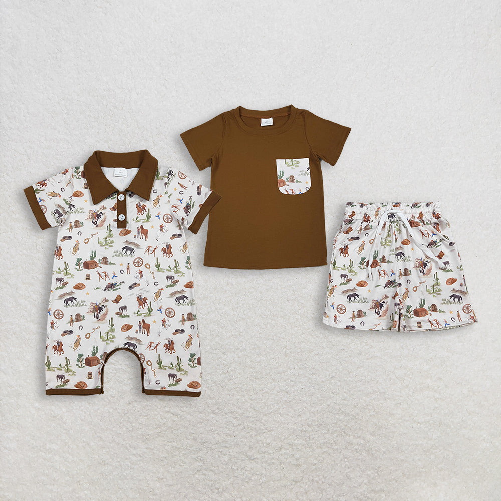 RTS NO MOQ Sibling Baby Boys Western Shirt Top with Horse Rodeos Cactus Print And Pockets Short Set Cute Rompers
