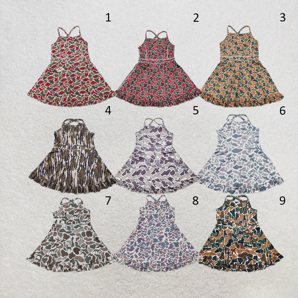 RTS NO MOQ Sibling yoga fabric Baby Girls Summer Camo Strap Ruffle Hem Active Knee Dresses