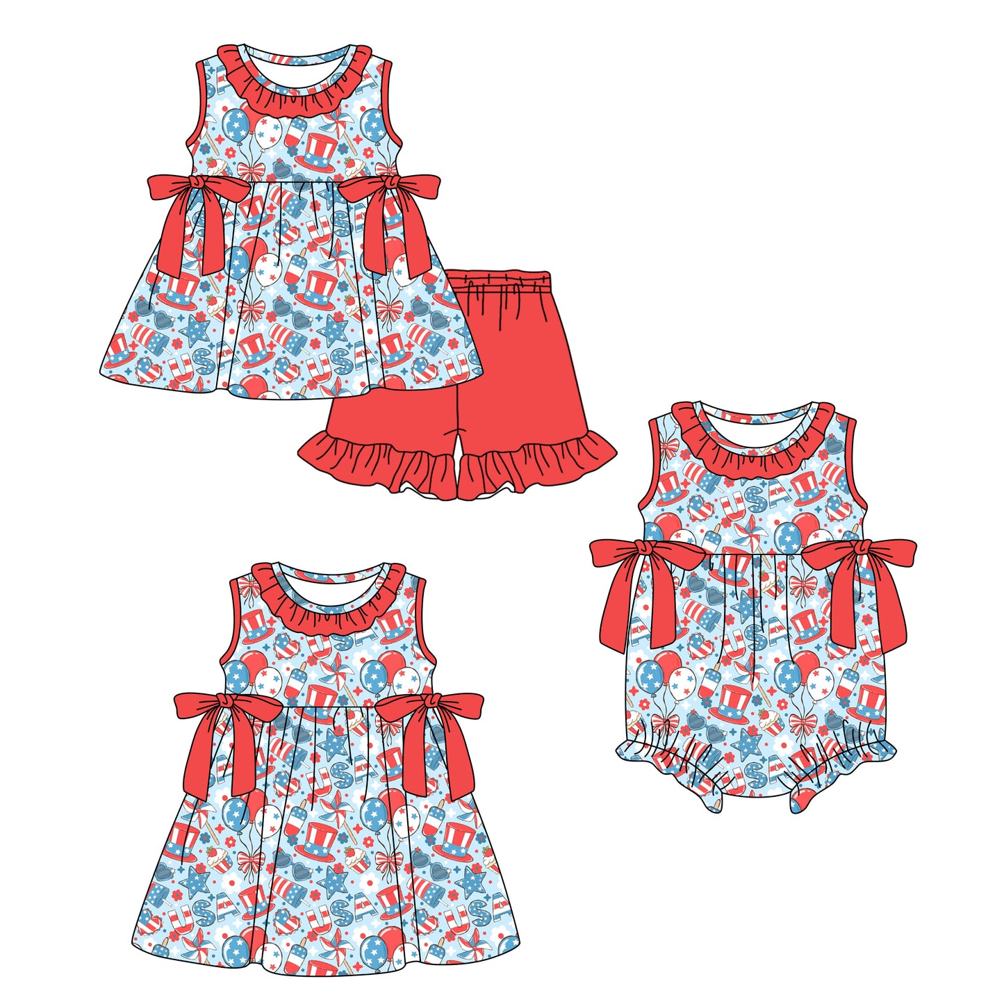 Custom moq 5 mix size Sibling Baby Girl's red  Sleeveless Top And Shorts 4th of July Set Cute Romper Dress for Summer