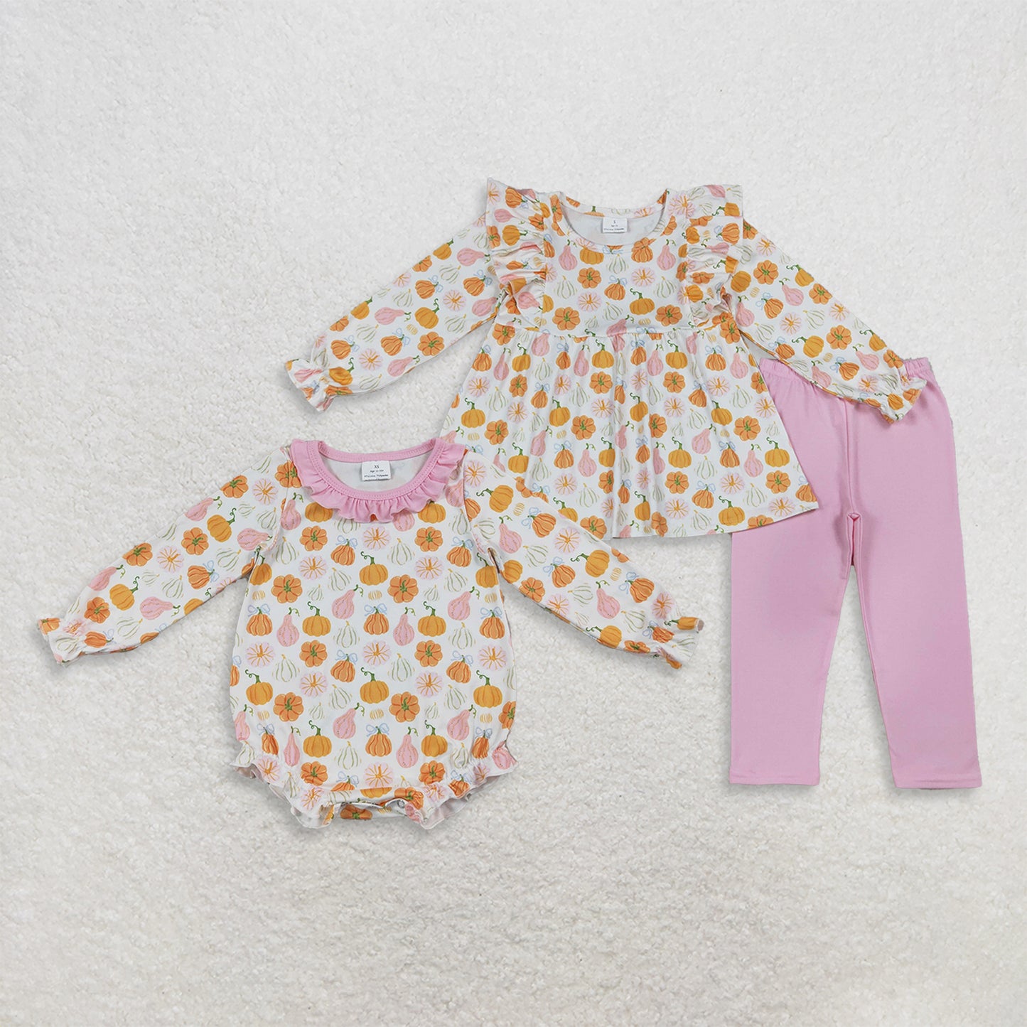 RTS NO MOQ Sibling milk silk Baby Girls Fall Pumpkin Print Tunic Top Matching Legging Pant Clothes Set  Ruffle Rompers