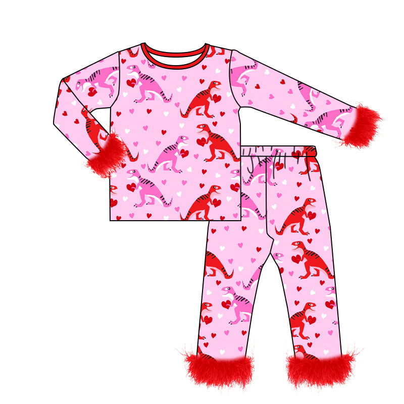 10.21 custom each style moq 5eta 4-6week baby girls clothes Dinosaur Heart Red Plush Edge Long Sleeve Pants Set