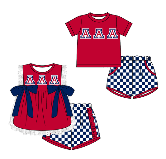 Custom moq 5 mix size milk silk summer teams Red Girl Sleeveless Top And Plaid Shorts Set with Bow Boy Short Sleeved Top And Plaid Shorts Set