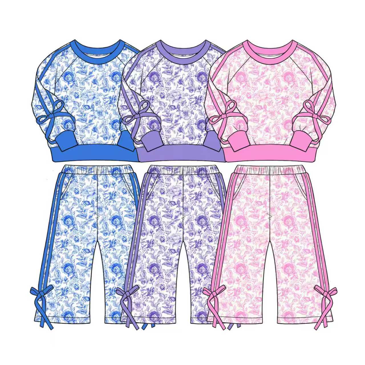 (Pre Order) No moq Baby Girls Floral Pocket Top Flare Pant Fall Clothes