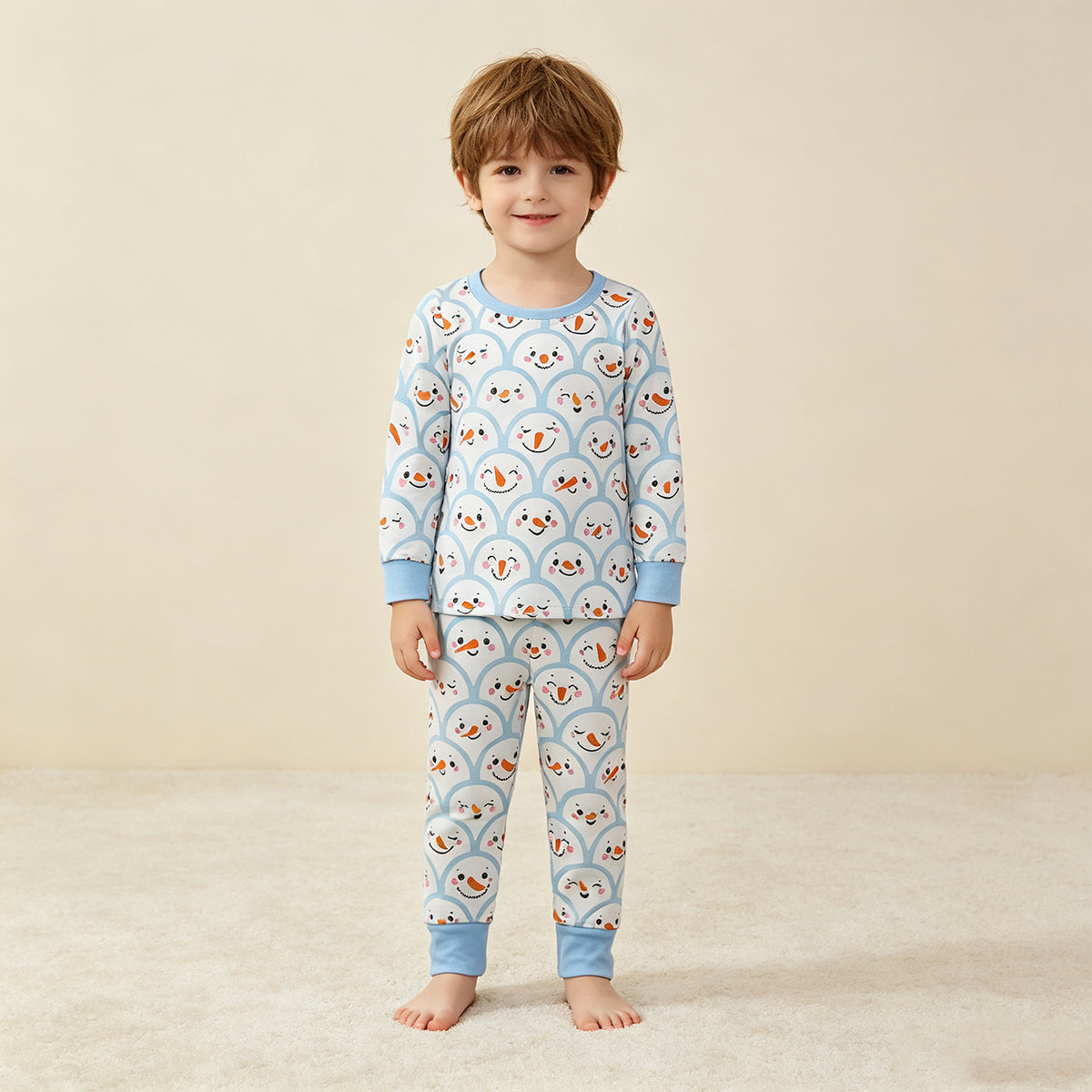 NEW RTS NO MOQ milk silk BLP1514 Baby Boys Blue Snowman Print Long Sleeve Top Pants Christmas Pajamas Set