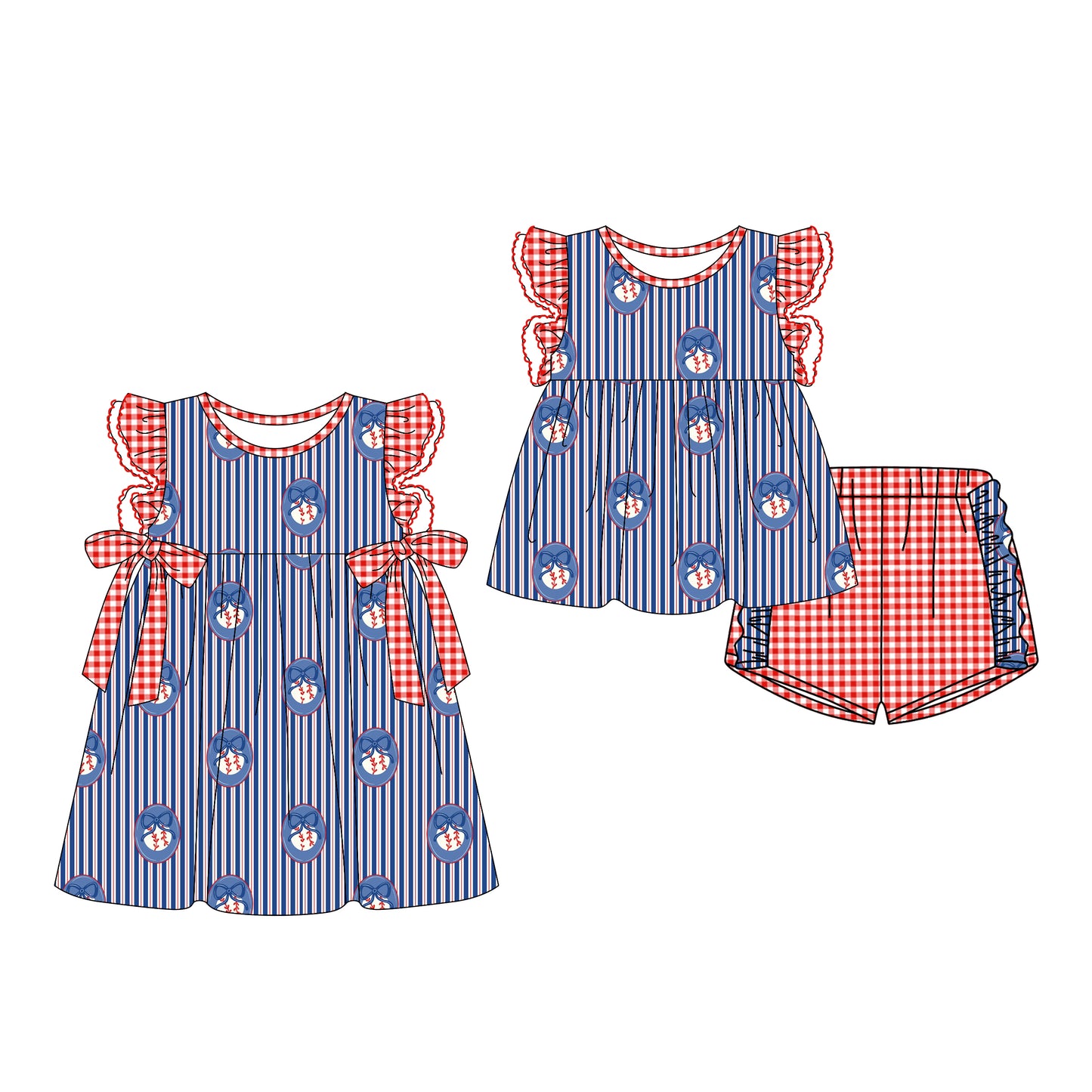 Custom moq 5 mix size Blue Striped Short-Sleeved Dress Set for Baby Girl Cute And Fashionable Outfit for Little Ones