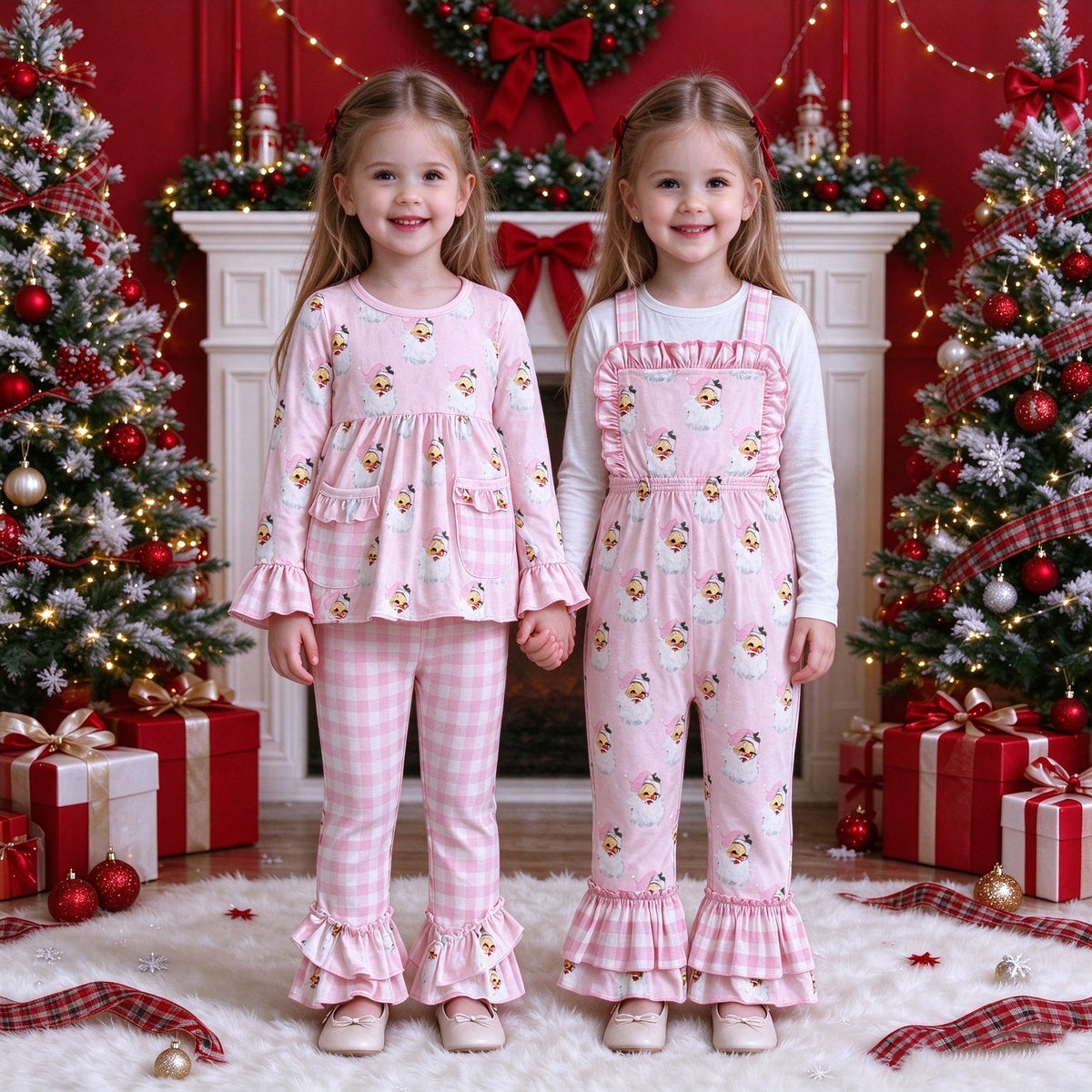 Girls Pink Vintage Santa Christmas Collection - Pocket Ruffle Tunic Pant Set & Strap Overalls Romper