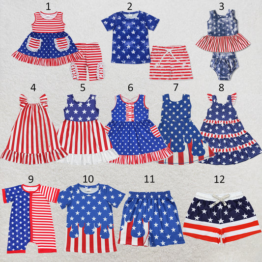 RTS NO MOQ Sibling milk silk Baby Boys And Girls Blue Short Sleeves Star Print Shirt Red Stripe Shorts Set Rompers Dresses 4th Of July Clothes