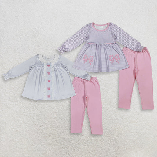 RTS NO MOQ Sibling Stripe Embroidery Baby Girls Tunic Legging Pant Set with Bows Girls Outfit