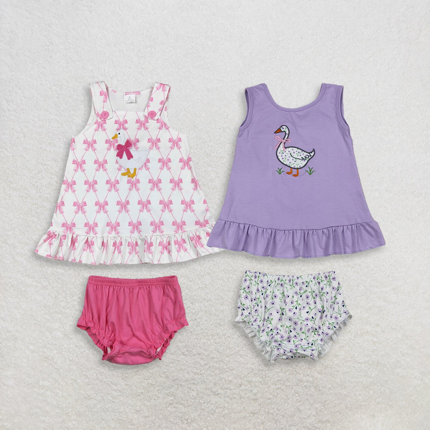 RTS NO MOQ Sibling Baby Girls Cute Embroidery Floral Goose Back Bow Bummies Set