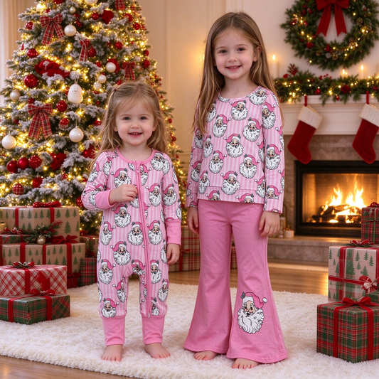 RTS NO MOQ Sibling milk silk Baby Girls Pink Stripe Santa Print Long Sleeve Pant Set And Baby Zipper Romper