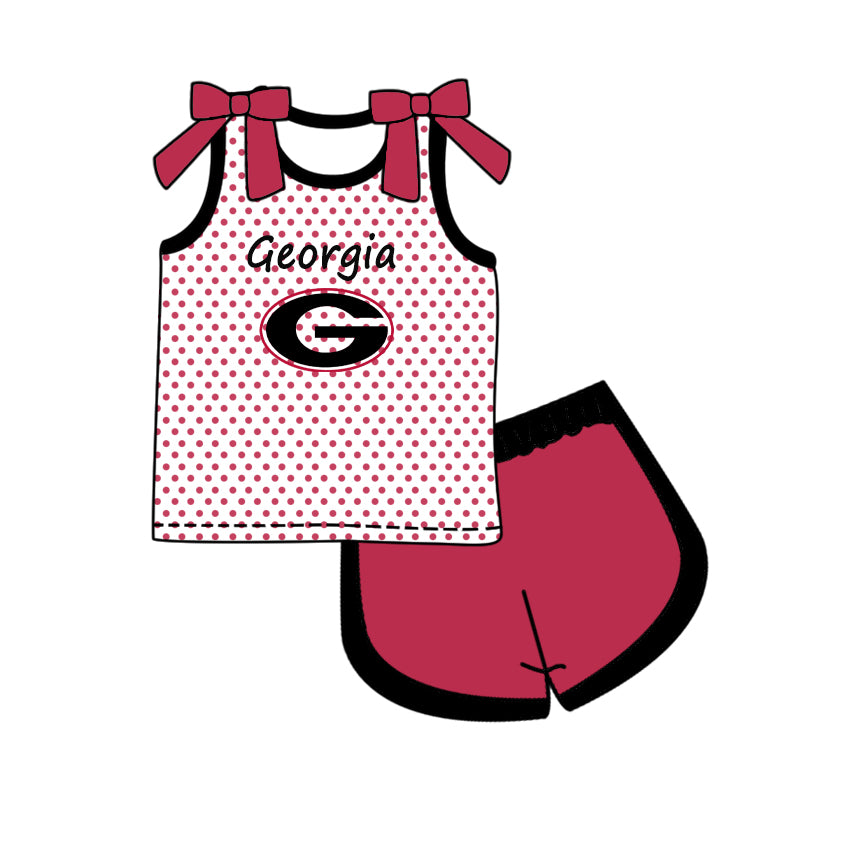 Custom moq 5 mix size milk silk summer teams Baby Girls Summer Bow Sleeveless Red Polka Dot Top Shorts Casual Set