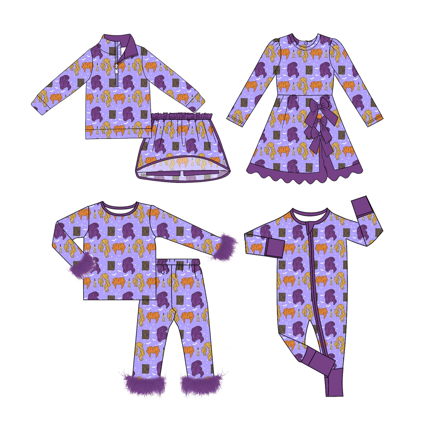 (Preorder new) No moq Baby Girls Halloween purple Outfit Quarter‑Zip Top Skirt Fuzzy Cuff Pajama Set Dress Zipper Romper
