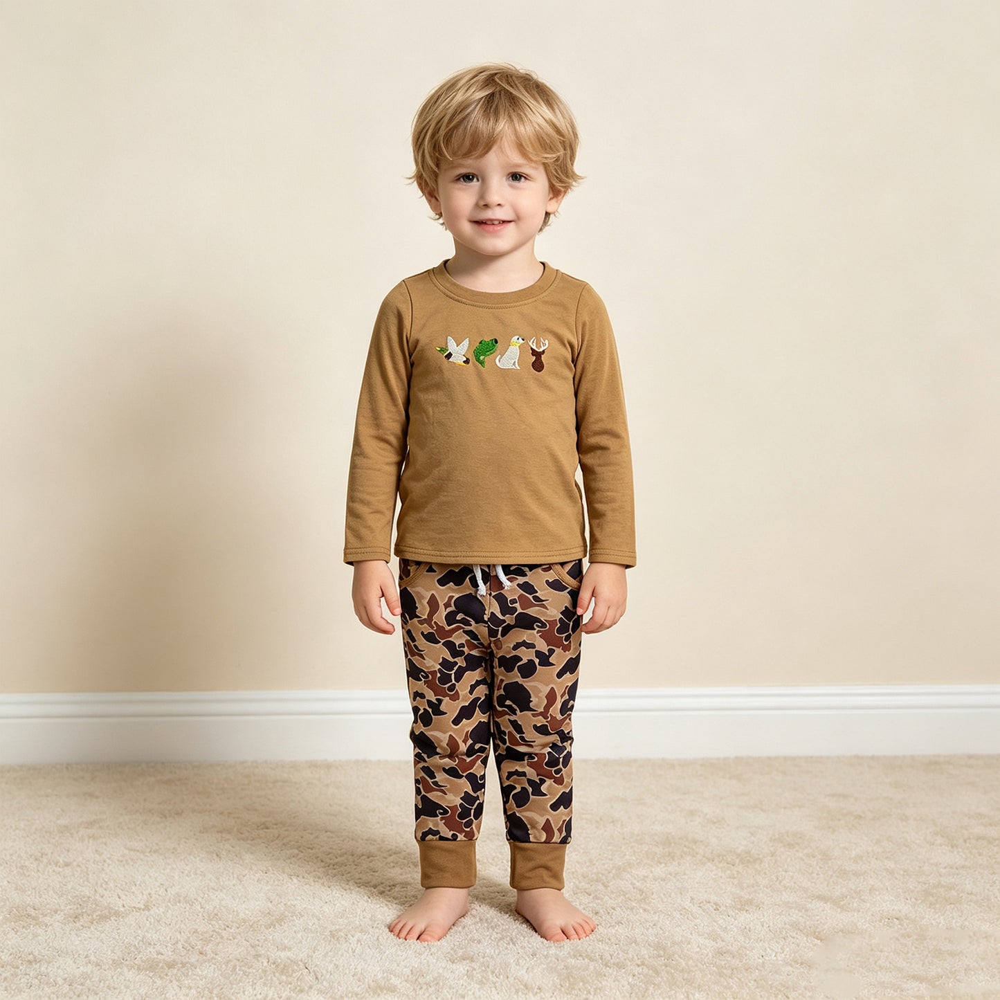 NEW RTS NO MOQ milk silk BLP1493 Embroidery Toddler Boys Dogs Ducks Deer Top Pant Outfit