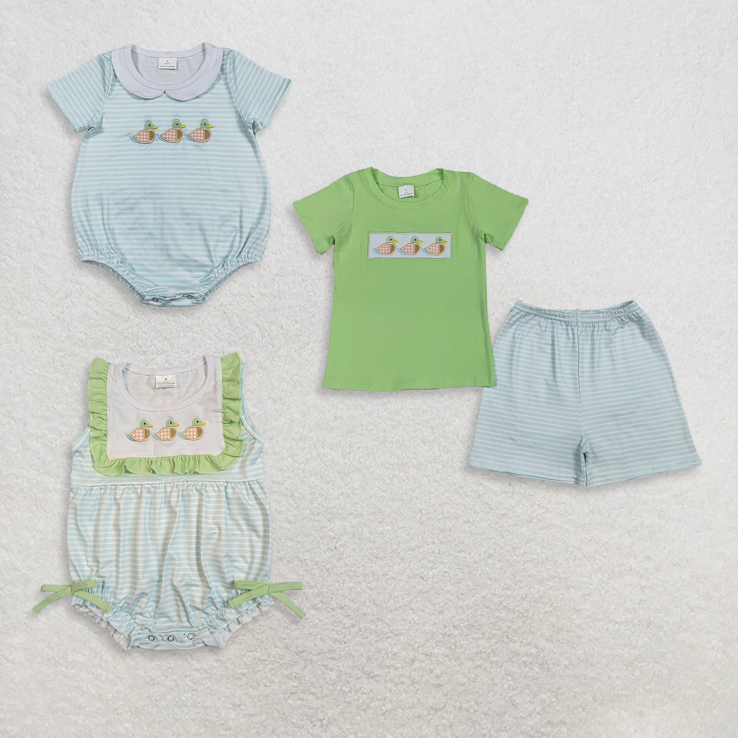 RTS NO MOQ Sibling milk silk Baby Boys Duck Embroidery Striped Shirt And Hunting Shorts Set  Stripe Rompers