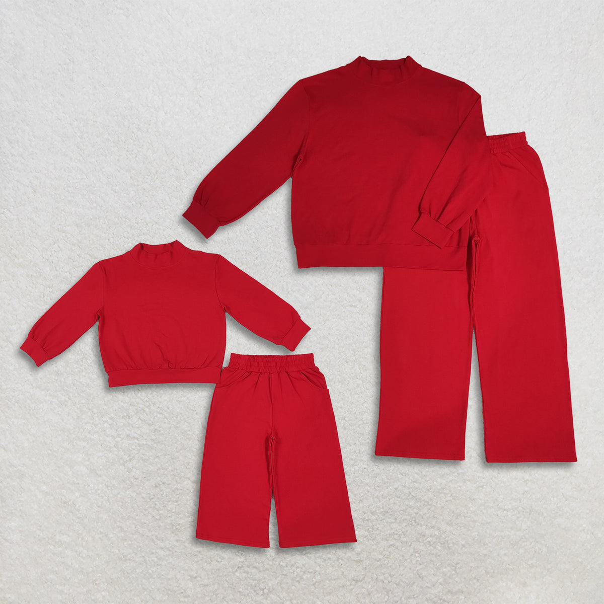 RTS NO MOQ Sibling cotton Adult To Match Kids High Neck Red Mock Neck Long Sleeve Top Wide Leg Pants Set
