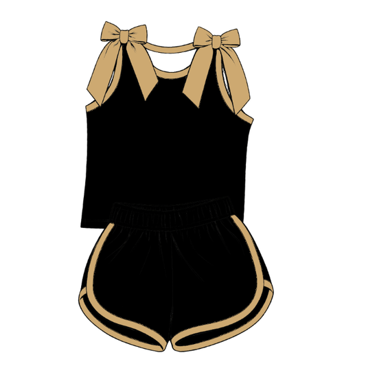 custom moq 5 mix size Baby Girls Brown Bow Sleeveless Black Top Shorts Summer Casual Clothes Set