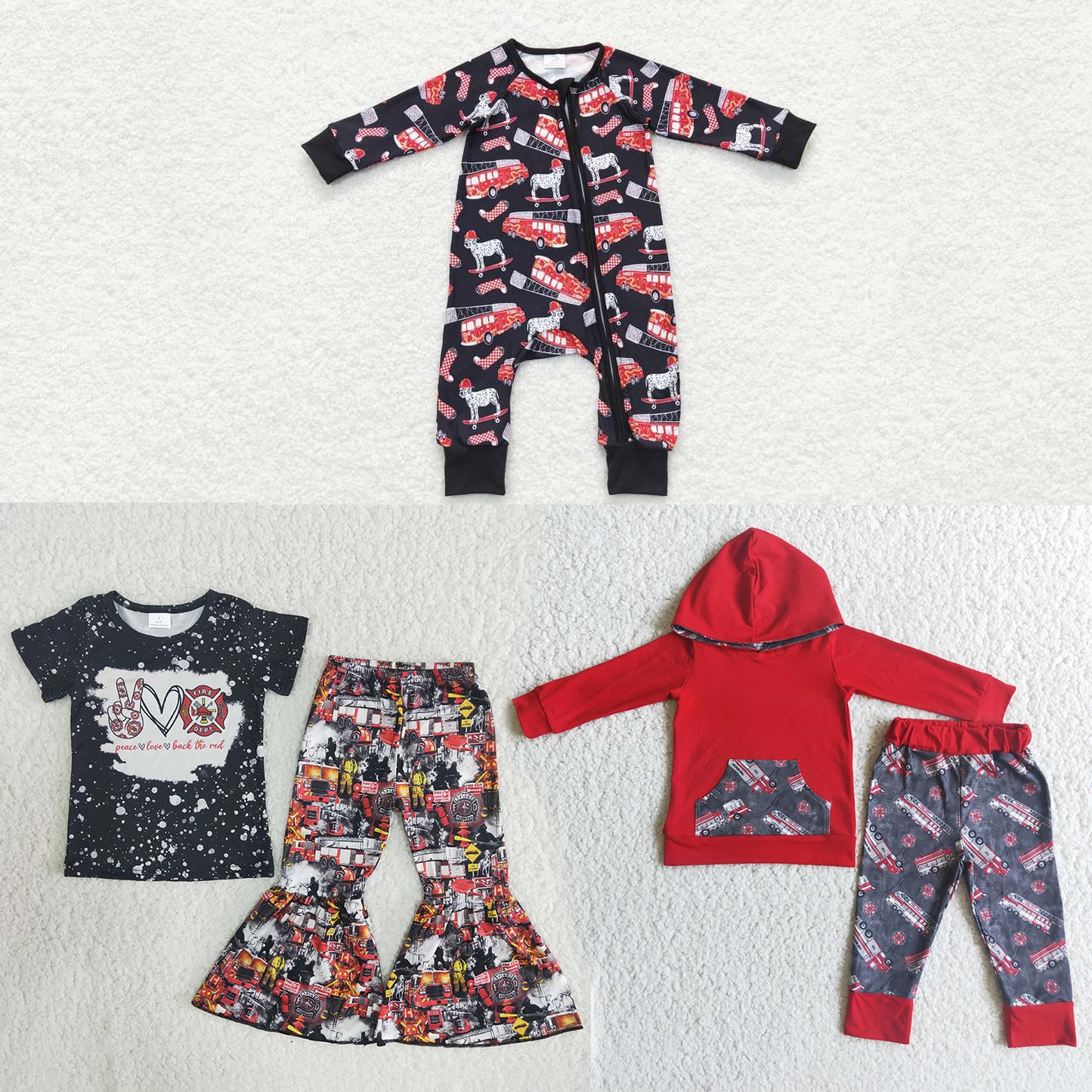 RTS NO MOQ Red Train Trojan Horse Pattern Romper & Short-sleeved Flared Pants & Long-sleeved Hooded Suit