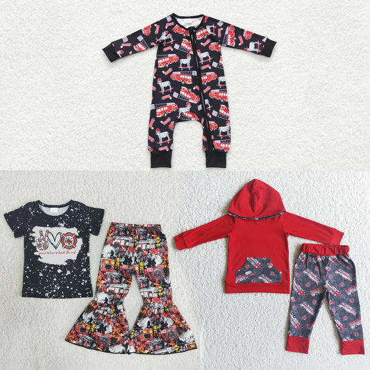 RTS NO MOQ Red Train Trojan Horse Pattern Romper & Short-sleeved Flared Pants & Long-sleeved Hooded Suit