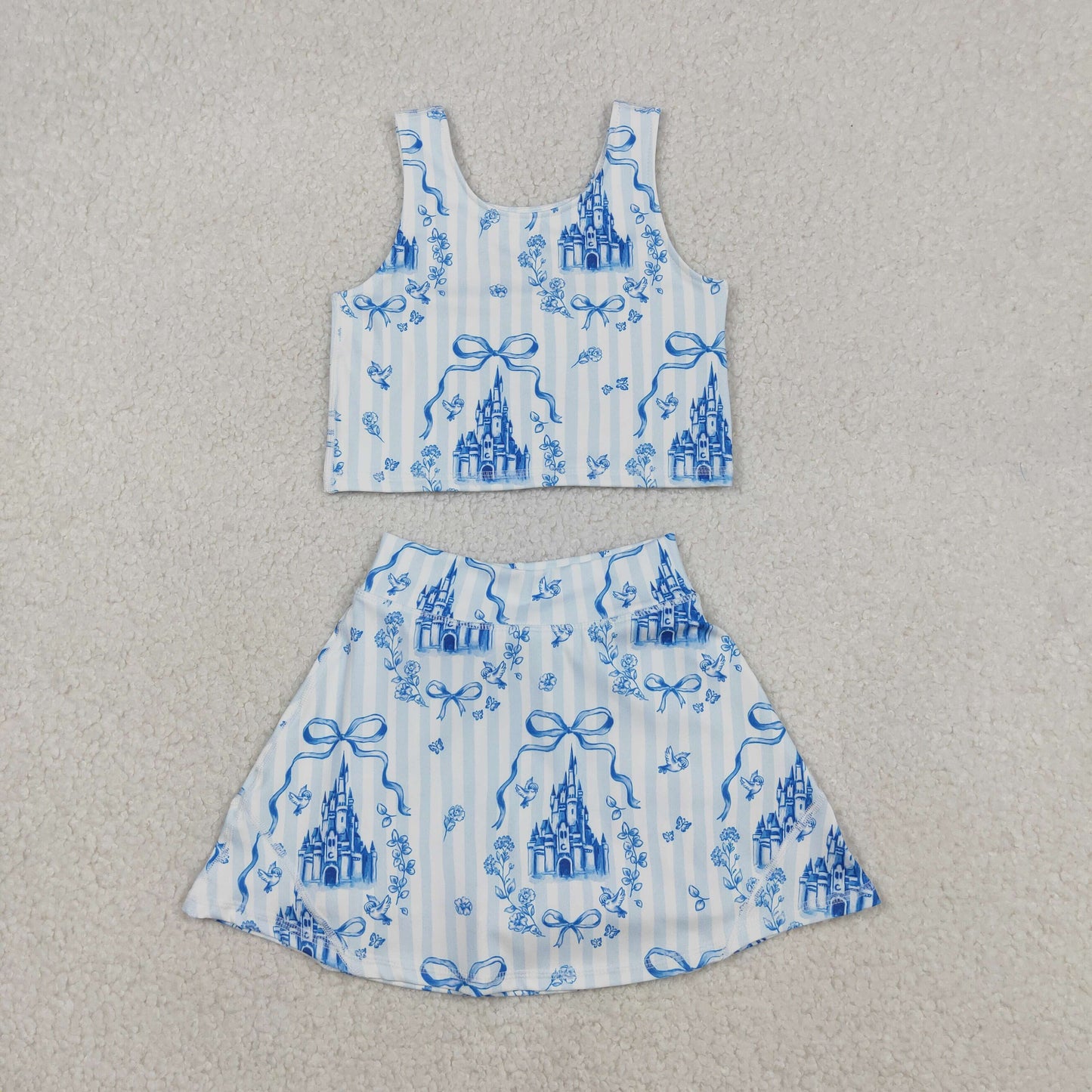 RTS NO MOQ（In Stock) Bow Pattern Castle Blue Striped Vest Skirt and Pants Yoga Set