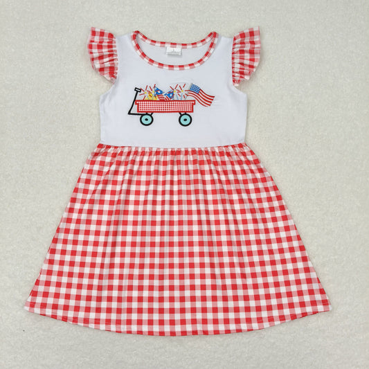 RTS NO MOQ（In Stock) Embroidery Fireworks Flag Trolley Red Plaid Flying Sleeve dress