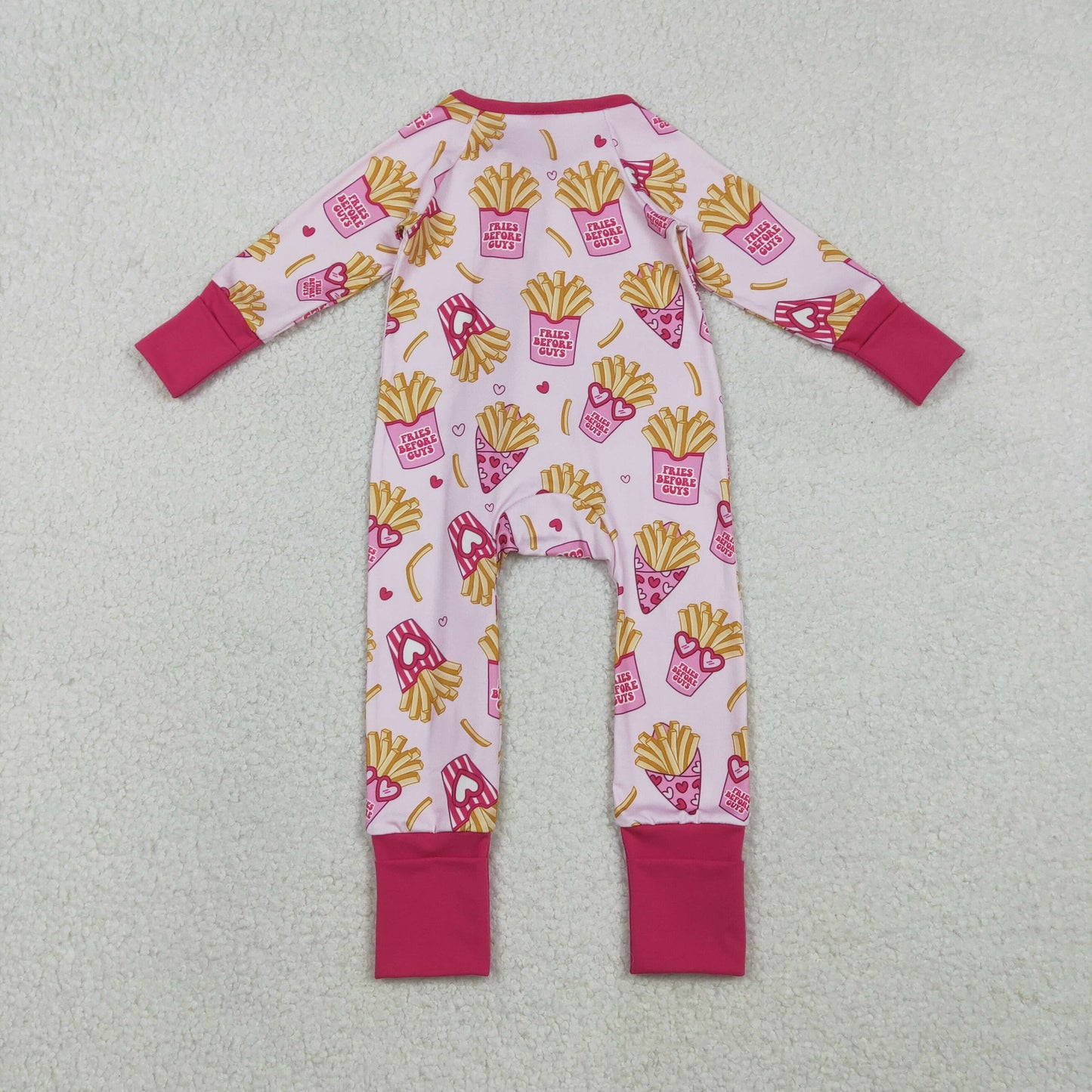 RTS NO MOQ（In Stock ) Valentine's Day French Fries Heart Glasses Pink Zipper-Up Long-Sleeve Jumpsuit