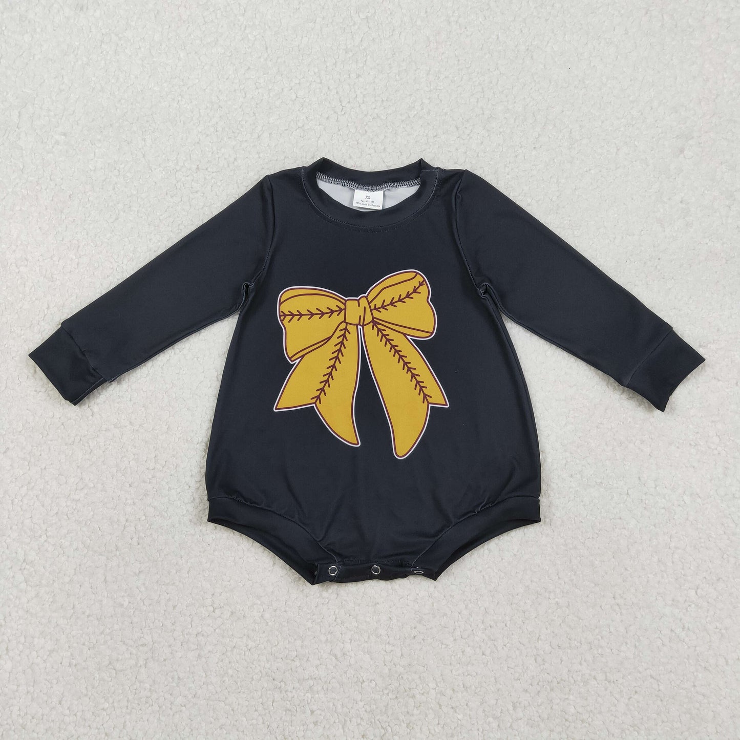 RTS NO MOQ（In Stock ) LR2774 Gold Baseball Bow Pattern Black Long-Sleeve Bodysuit