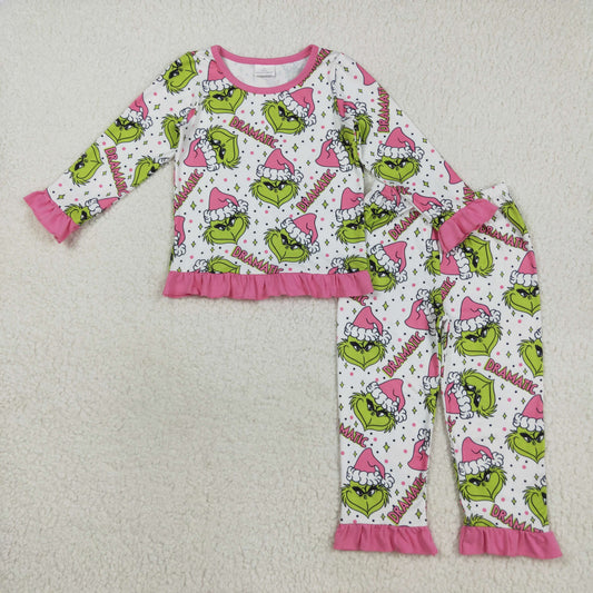 RTS NO MOQ（In Stock) GLP2645 Dramatic Pink Lace Long-Sleeved Pants Pajama Set