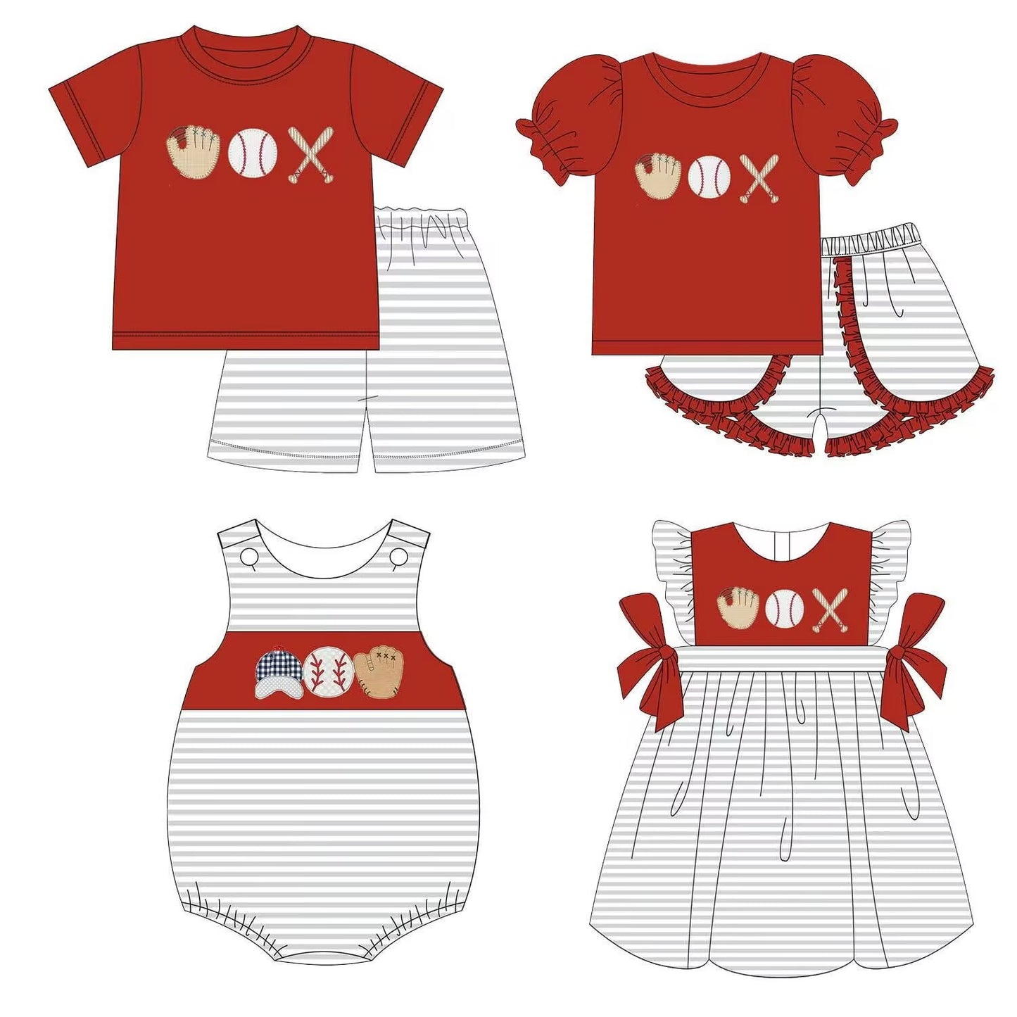 Custom moq 8 mix size eta 6-8weeks baby girl clothes baseball red short sleeve shorts set 2 and dress and rompers-25.9.11