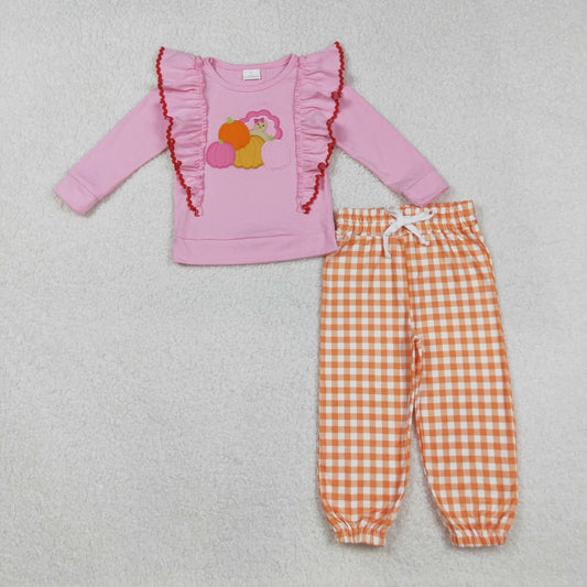 RTS NO MOQ（In Stock) GLP2442 Embroidered Turkey Pumpkin Pink Lace Long-Sleeved Orange Plaid Pants Set