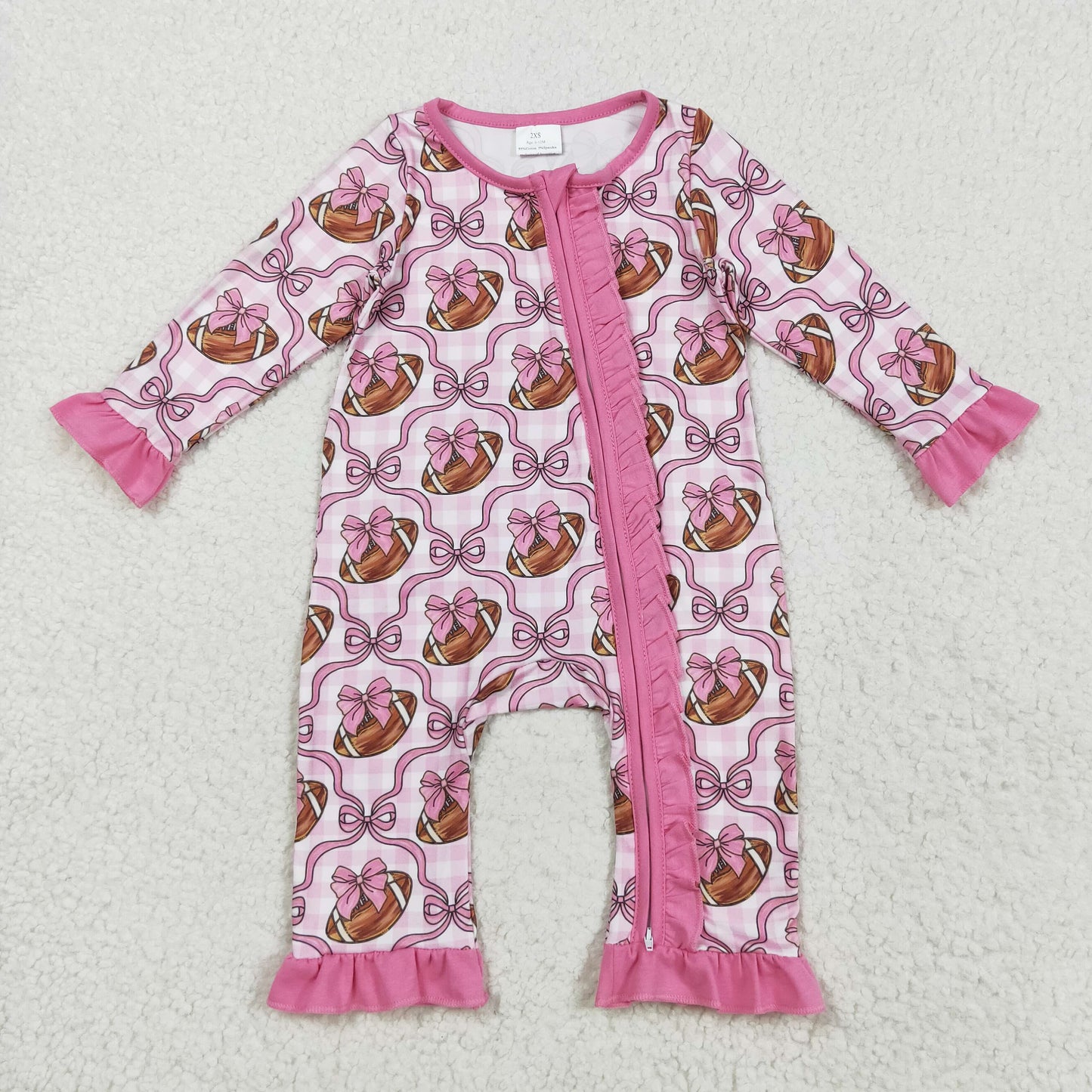 RTS NO MOQ（In Stock) LR2361 Rugby bow pattern pink lace plaid zipper long sleeve jumpsuit