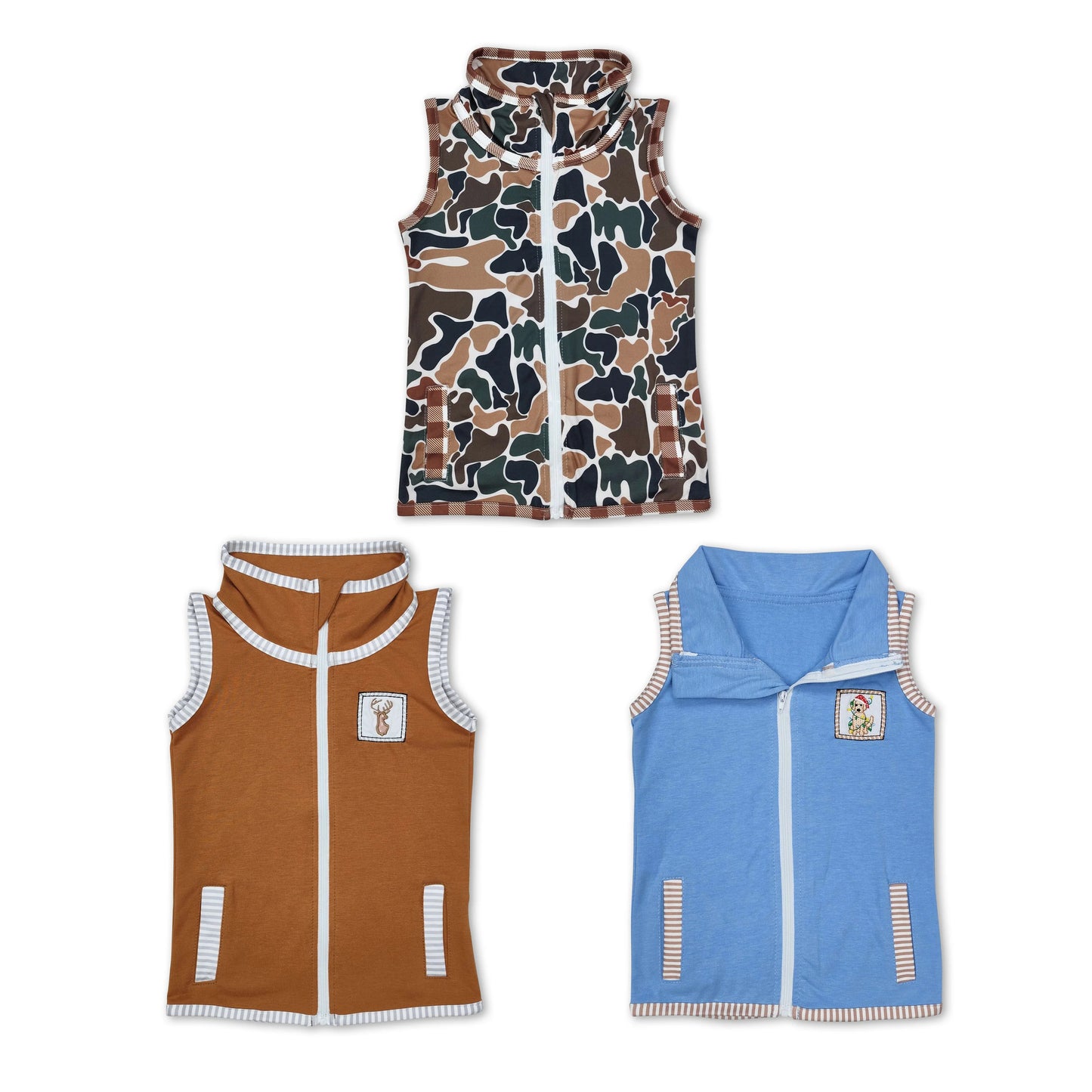 RTS NO MOQ Brown plaid vest top + camouflage sleeveless zipper vest : Boys & Girls