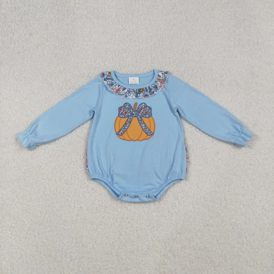 RTS NO MOQ（In Stock) LR2441 Embroidered pumpkin blue long-sleeved bodysuit with floral and bow pattern