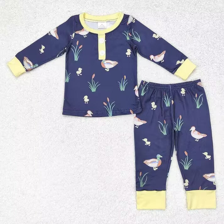 RTS NO MOQ  Duck and Waterweed Pattern Navy Blue Long Sleeve Suit & Crawling Suit