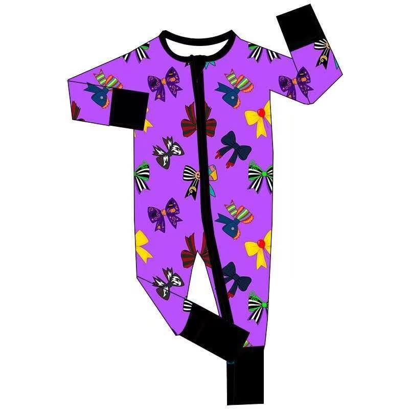 Custom moq 5 each style eta 6-7weeks baby boy clothes bow purple long sleeve pants and romper