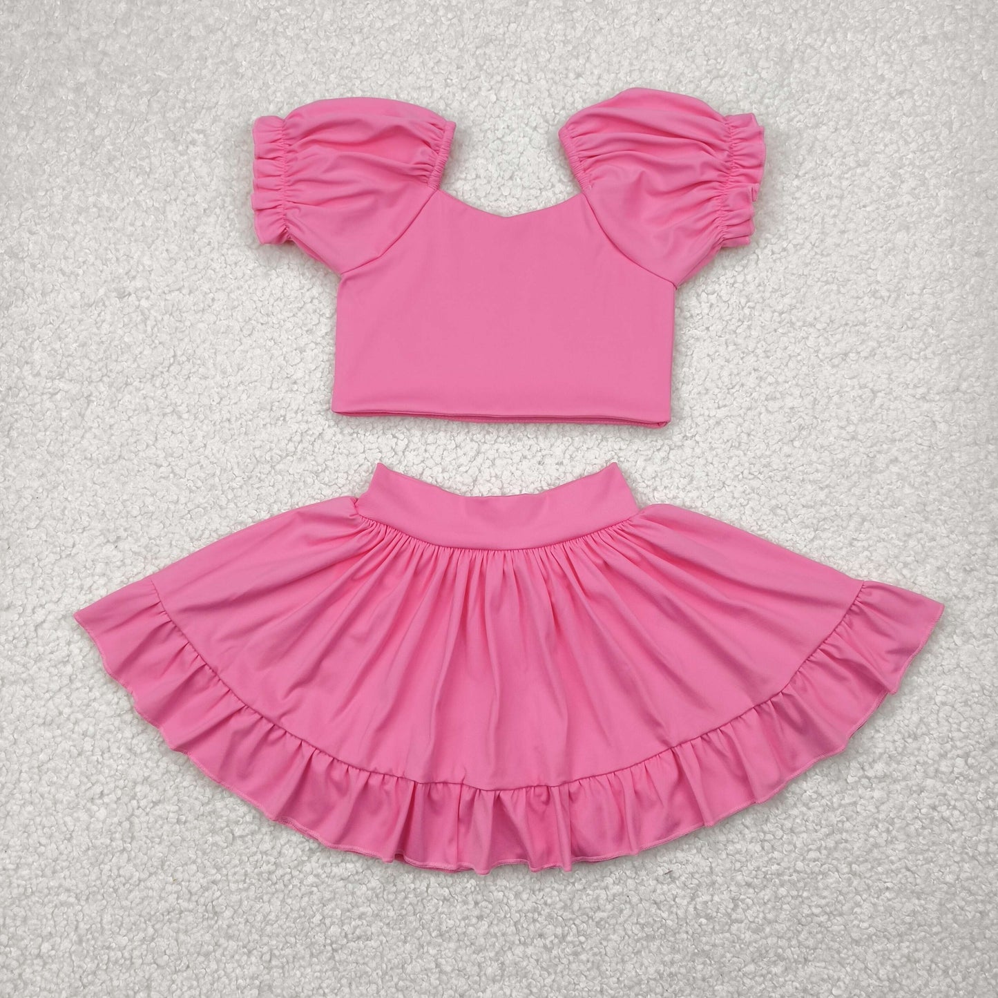 RTS NO MOQ GSD2102 Pure pink lantern sleeve skirt yoga suit