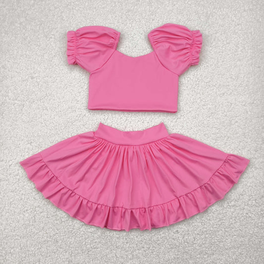 RTS NO MOQ GSD2102 Pure pink lantern sleeve skirt yoga suit