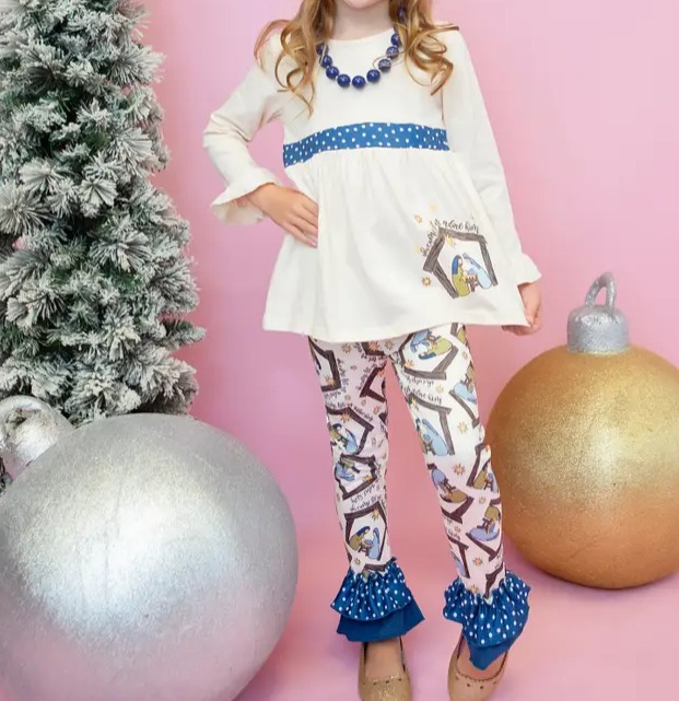 Deadline November 12 custom no moq eta 6-8weeks White long-sleeved top with baby birth print and blue polka dot lace trousers set