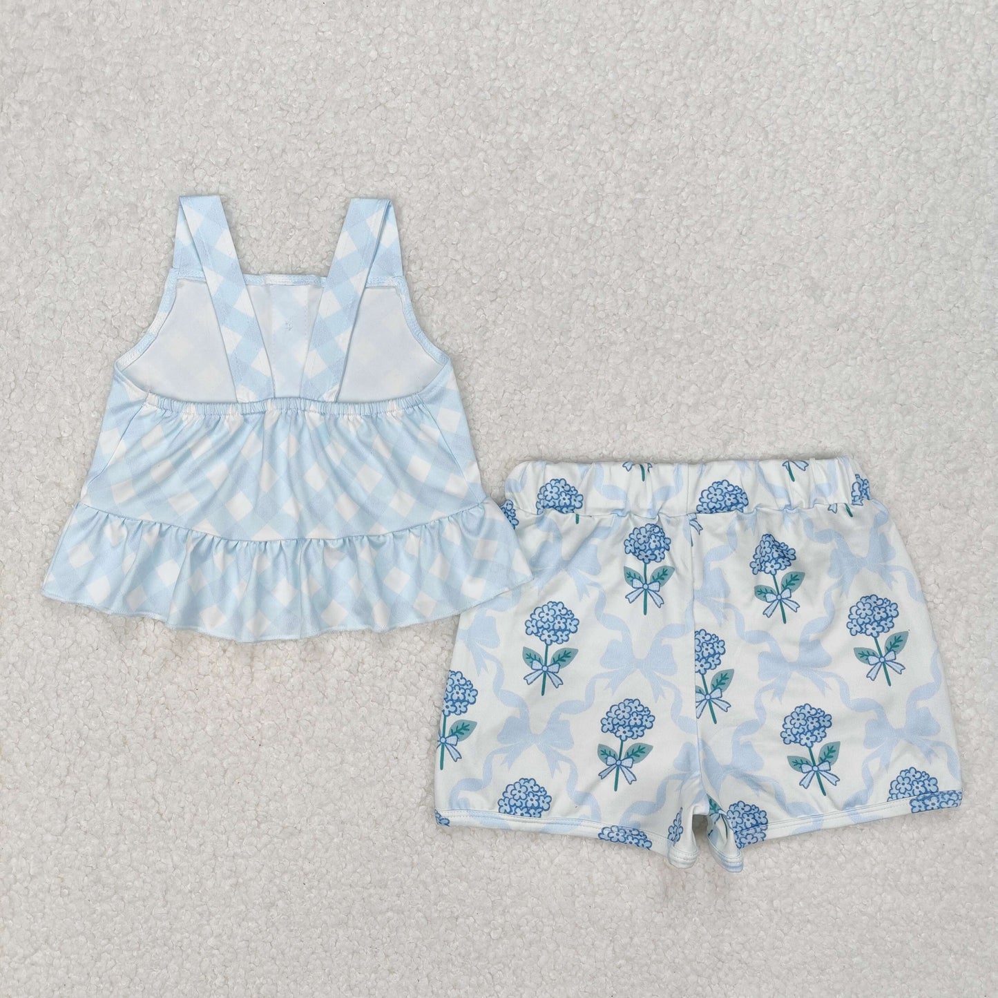 RTS NO MOQ ETA 5/7days Arrived GSSO2078 Plaid Suspenders Flowers and Leaves Blue Bow Pattern Beige Shorts Set