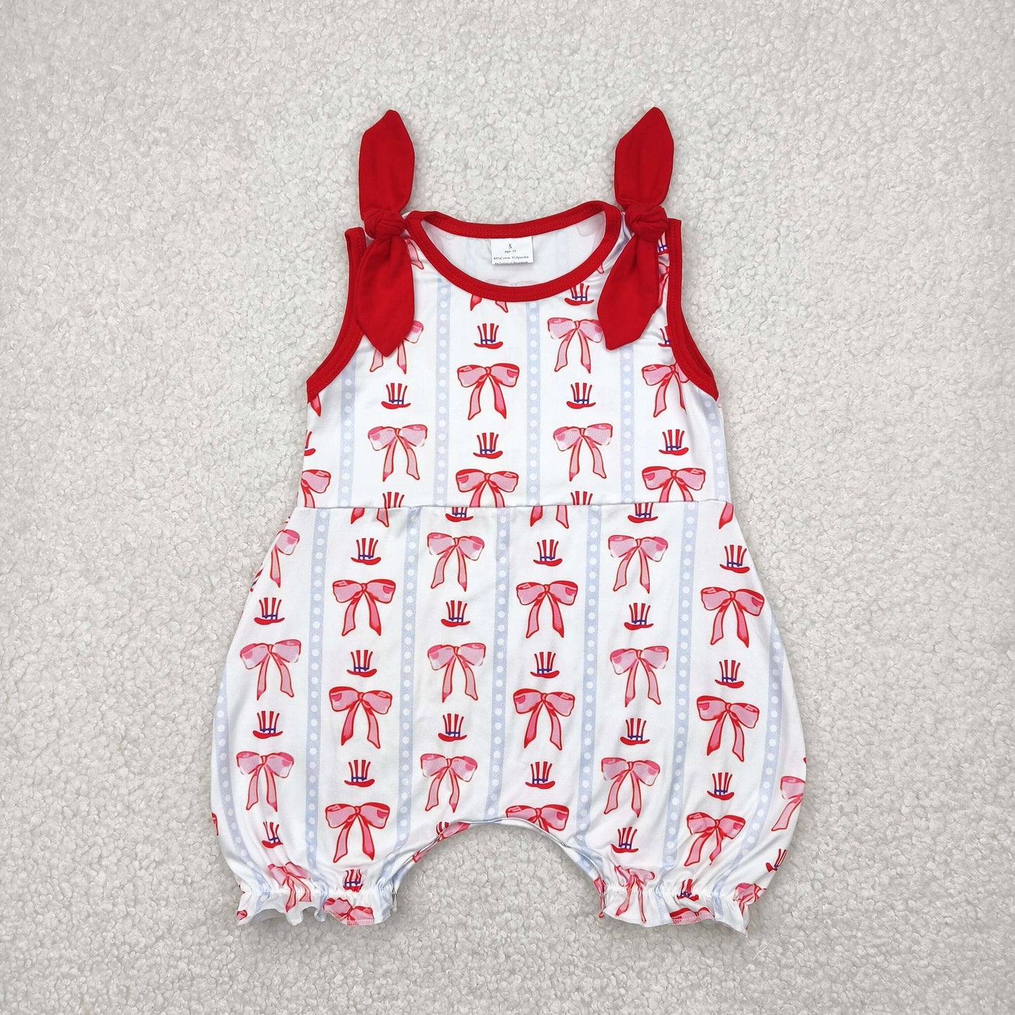 RTS NO MOQ SR2765 Red bow hat vertical stripes white sleeveless vest jumpsuit