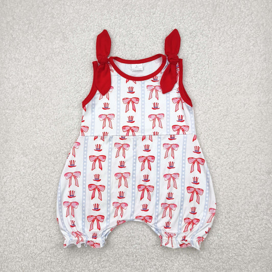 RTS NO MOQ SR2765 Red bow hat vertical stripes white sleeveless vest jumpsuit