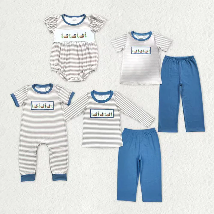 RTS NO MOQ Sibling baby Boys duck feather embroidery short-sleeved shirt pants clothing set-long-sleeved pants set clothes and rompers
