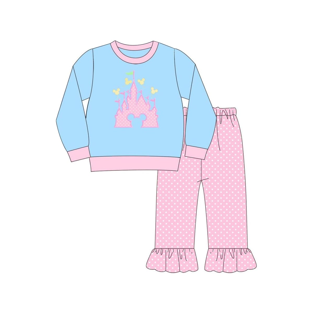 Deadline September  7  custom no moq eta 6-8weeks Long-sleeved castle blue top-pink polka dot lace pants set