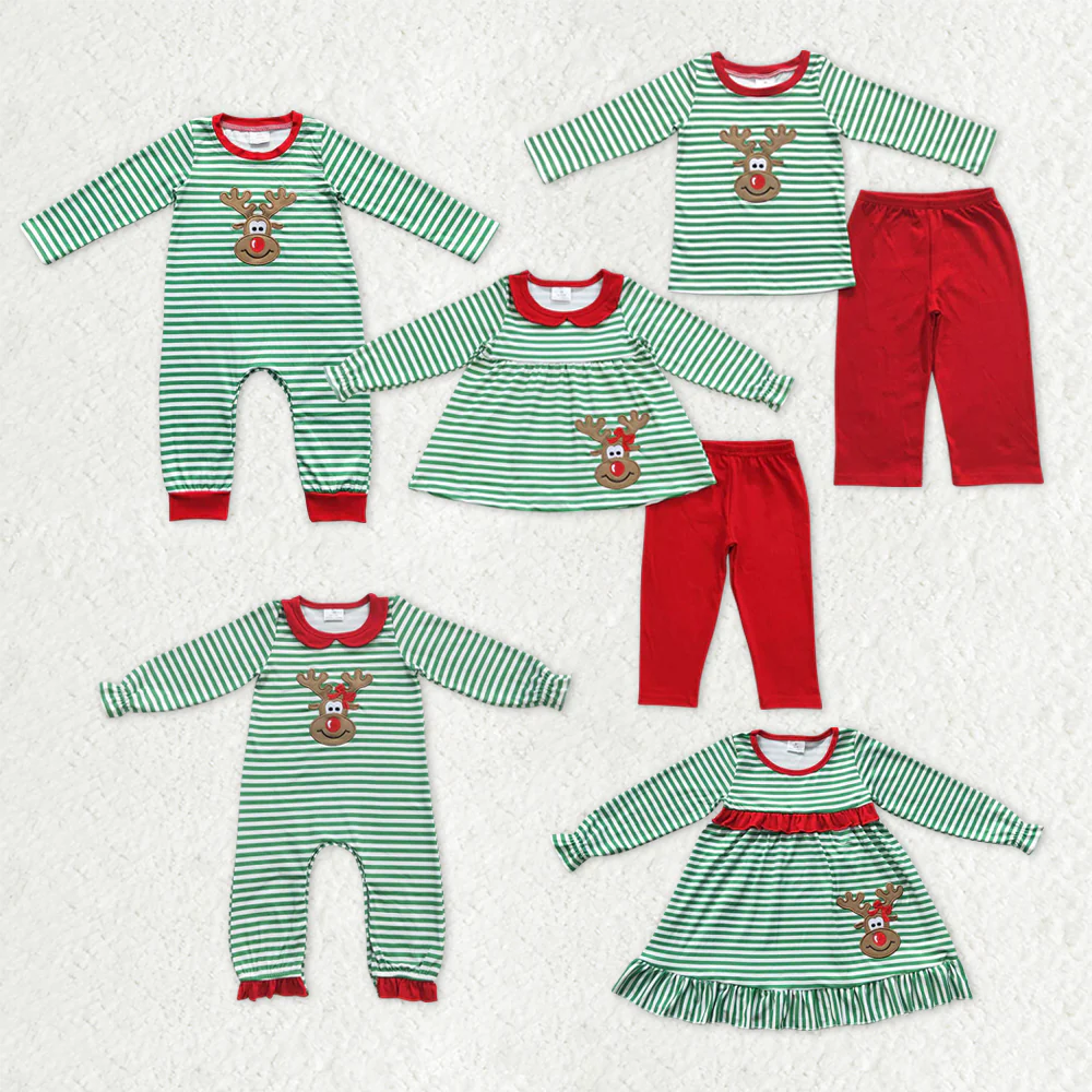 RTS NO MOQ Sibling baby girl boys clothes Christmas embroidery Outfits Clothes Sets and dress and romper
