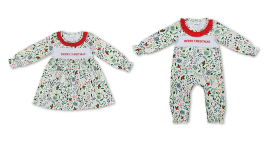 RTS NO MOQ merry christmas embroidered leaves red lace long sleeve dress