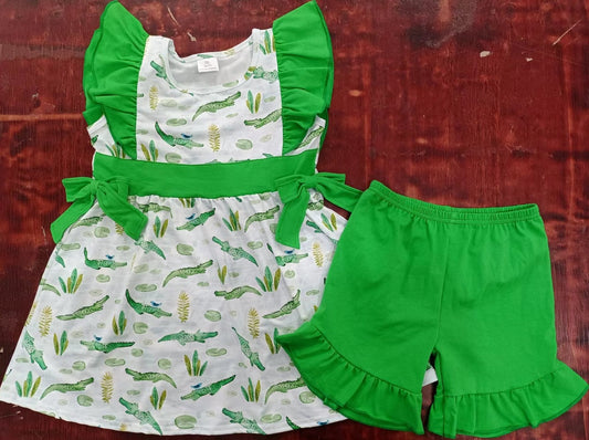 custom moq 5 eta 5weeks summe baby girls clothes Crocodile green flying sleeve shorts Set