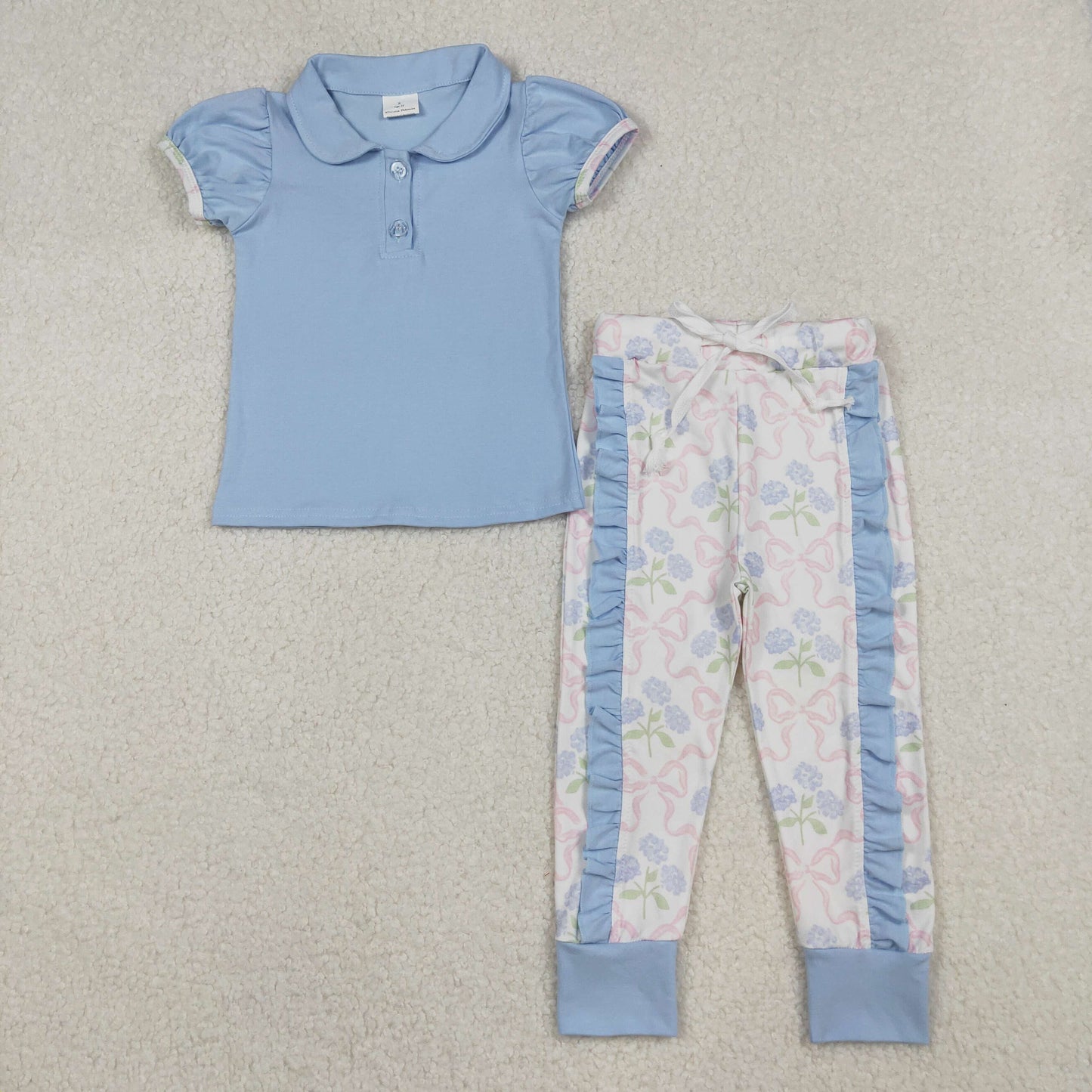 RTS NO MOQ（In Stock) GSPO2069 Blue button-down short-sleeved lace pantsuit with hydrangea and bow pattern