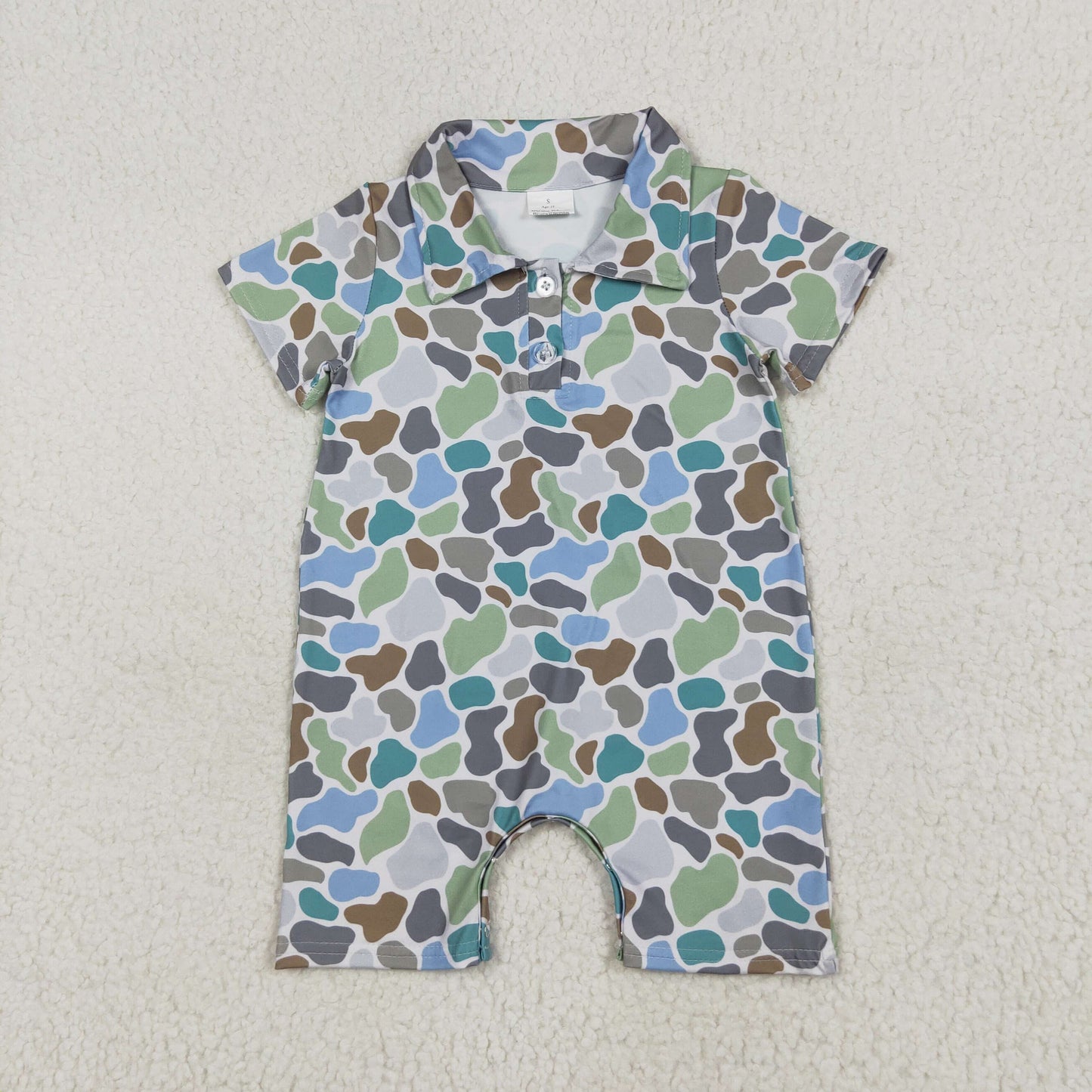 RTS NO MOQ（In Stock) Beige short-sleeved jumpsuit with teal camouflage collar and buttons